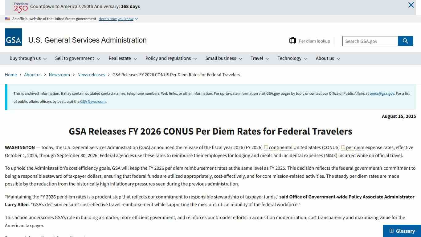 GSA Releases FY 2026 CONUS Per Diem Rates for Federal Travelers | GSA